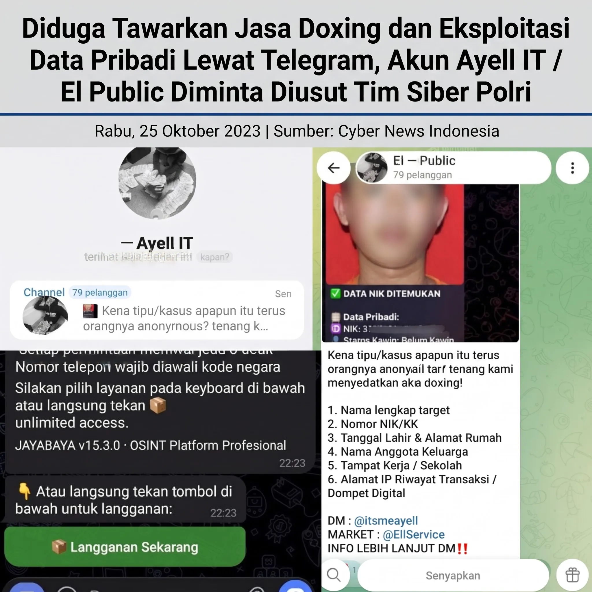 Diduga Tawarkan Jasa Doxing dan Eksploitasi Data Pribadi Lewat Telegram, Akun Ayell IT / El Public Diminta Diusut Tim Siber Polri