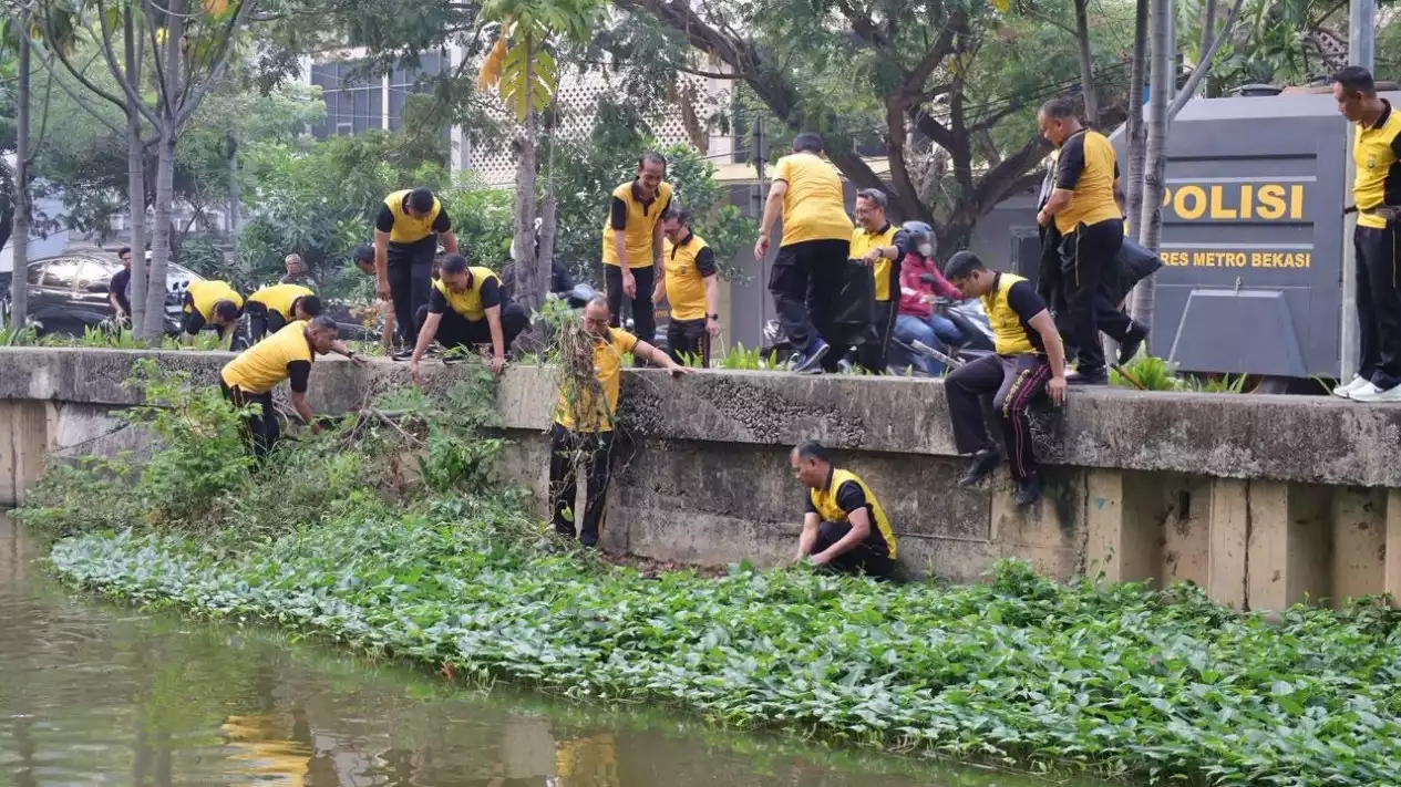 Polisi Bersihkan Eceng Gondok di Kali Baru Bekasi untuk Cegah Banjir dan DBD